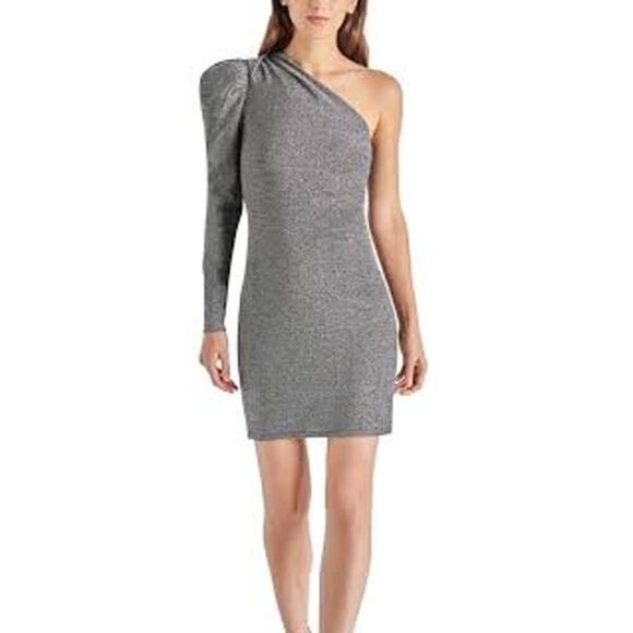 STEVE MADDEN Mirabelle Mini Dress Black Silver Metallic One Shoulder NWT  L - Picture 1 of 9